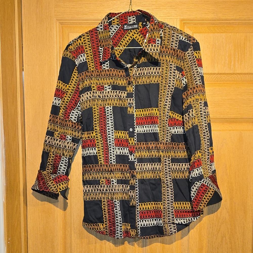 Chain-Print Button-Front Blouse — Black with Gold & Red Accents